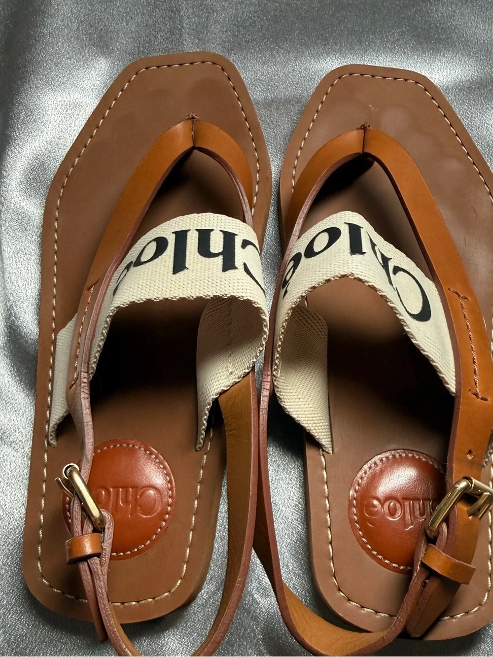 CHLOE Woody Flat Sandal Thong Slingback Logo Canvas Tan EU 35 US 5